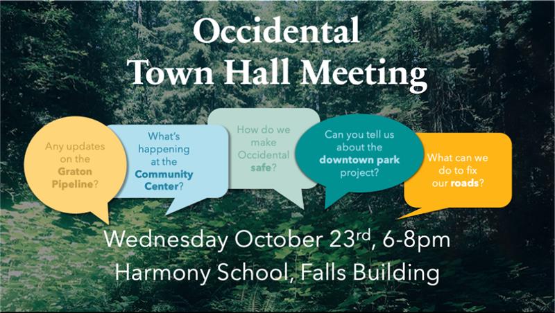 Occidental Town Hall Meeting. Wednesday October 23, 6-8 PM. Harmony School, Falls Building