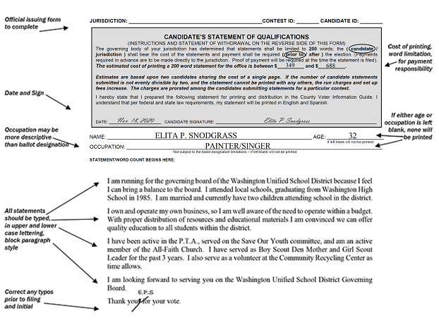 A visual example of how to prepare a candidates statement for a local nonpartisan office using the criteria spelled out above