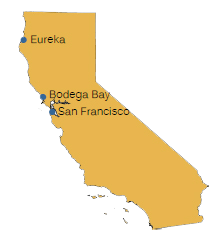 Clip art of map of California with dots locating Eureka, Bodega Bay, and San Francisco. 