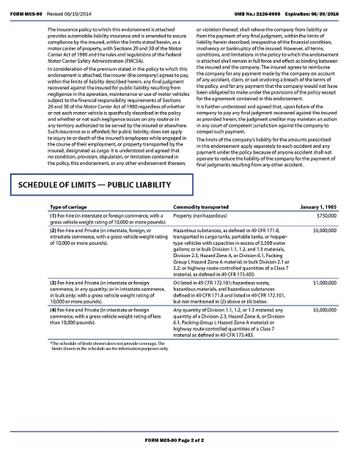 Sample Form 11 MCS90 Endorsement For Motor Carrier Policies Page 2