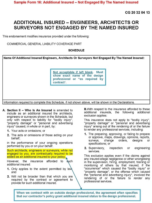 Sample Form 16 Additional Insured Not Engaged By The Named Insured Page 1