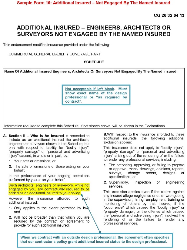 Sample Form 16 Additional Insured Not Engaged By The Named Insured Page 1 Enlarged