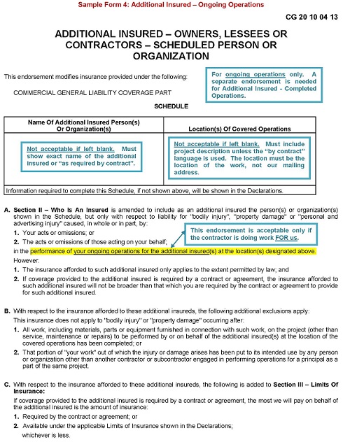 Sample Form 4 - Additional Insured Ongoing Operations