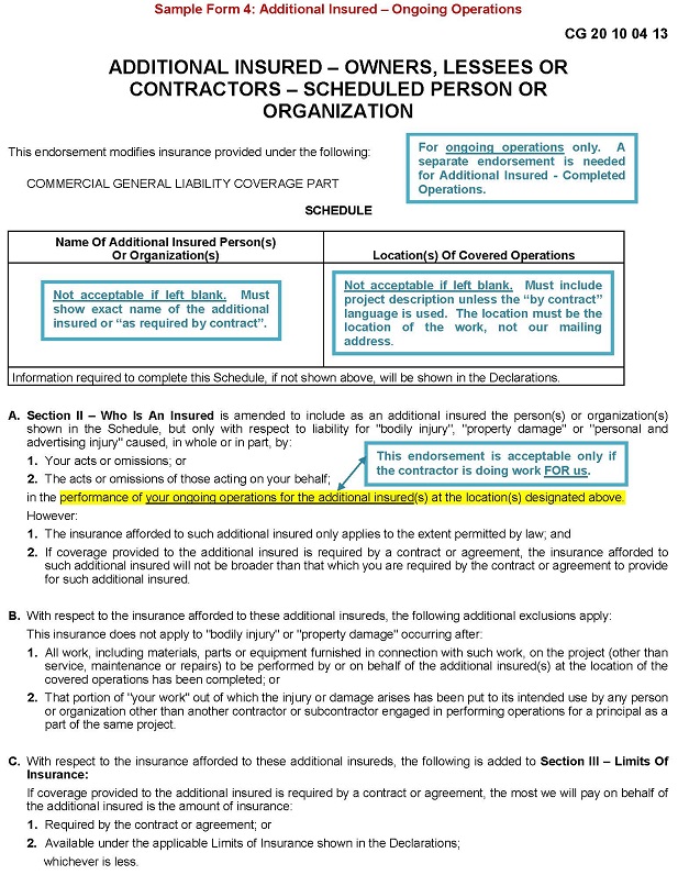 Sample Form 4 - Additional Insured Ongoing Operations enlarged