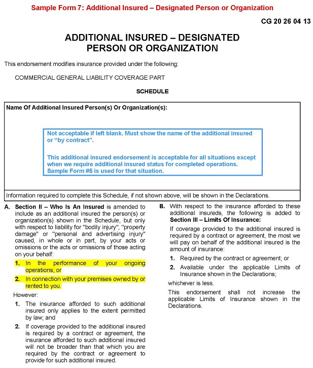 Sample Form 7 - Additional Insured Designated Person Or Organization enlarged