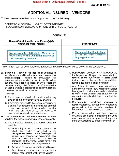 Sample Form 8 - Additional Insured - Vendors 490