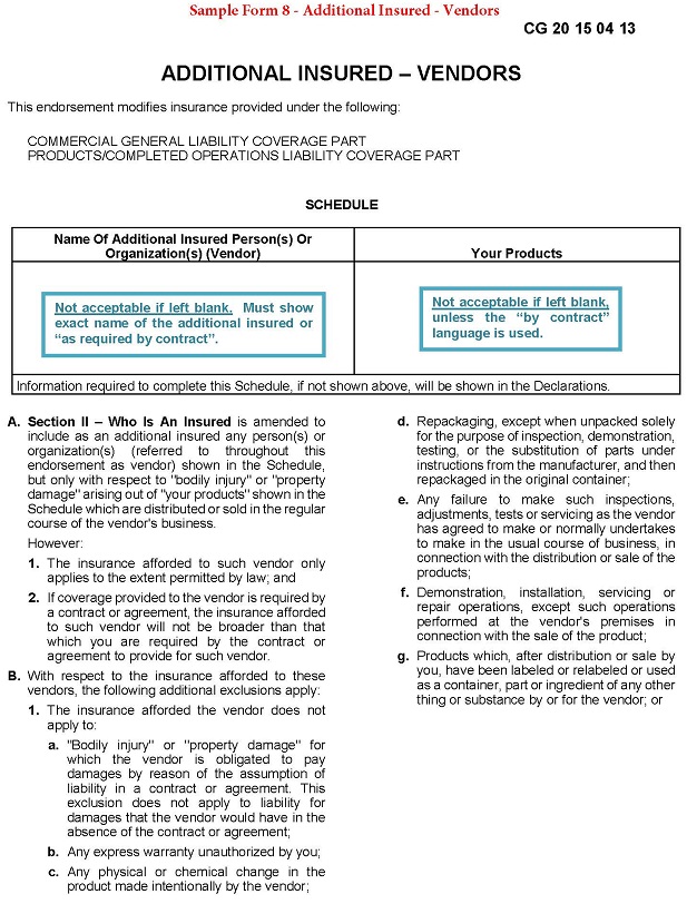 Sample Form 8 - Additional Insured - Vendors 617