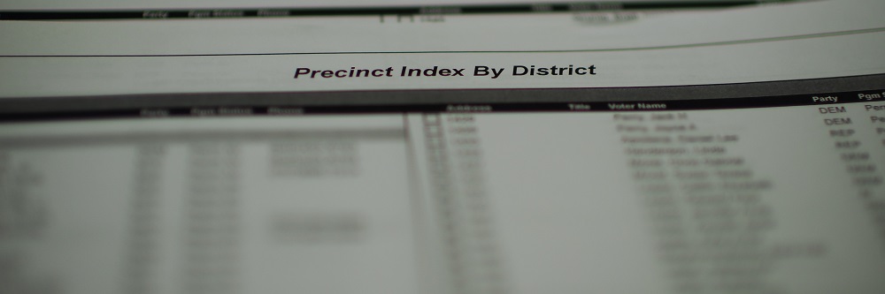 A closeup of a report titled, "Precinct Index by District" with a long list of voters below (all of the voter names are too blurry to make out).