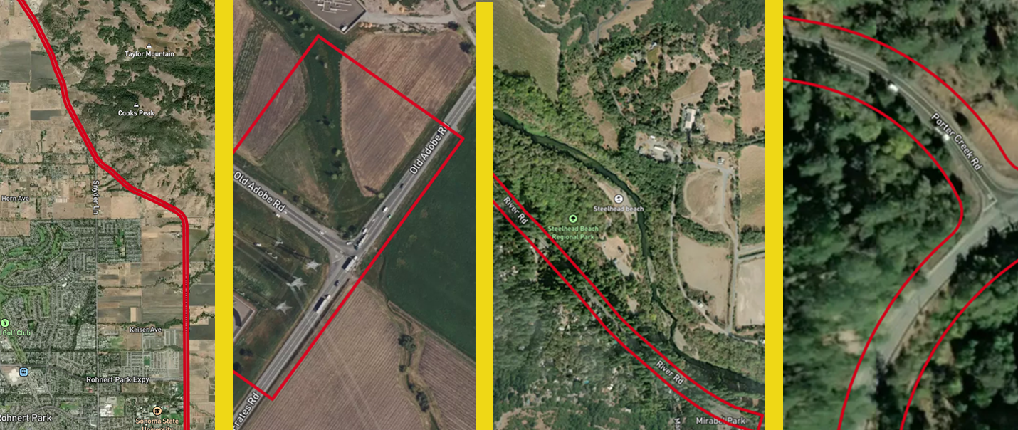 collage image of aerial view of four locations for trail, bike lane, and road improvements